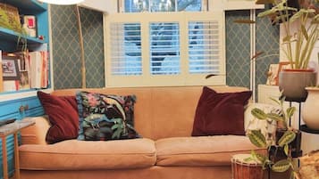 Smart TV, fireplace, books, stereo