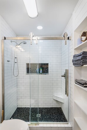 Hair dryer, towels, soap, shampoo