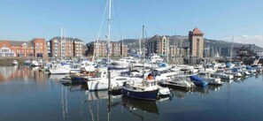 Boats docked in a serene marina, surrounded by residential and commercial buildings.