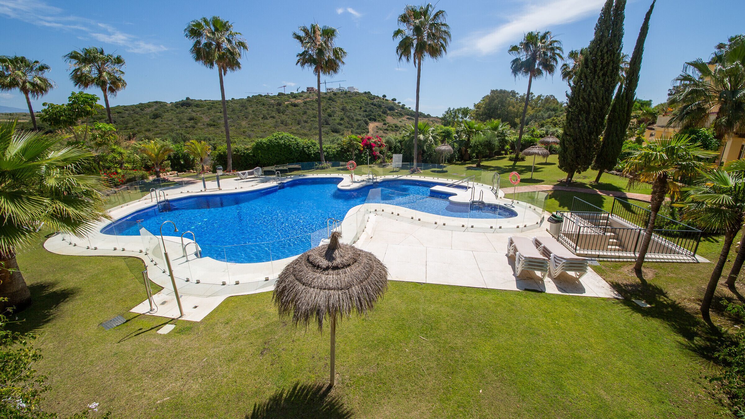 Ein Pool mit umgebender Liegefläche, Palmen und einer Rasenfläche.