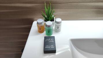 Un baño con un lavamanos blanco, dos botellas de champú y loción Terra Nature, una pequeña planta de aloe vera y un jabonera negra.