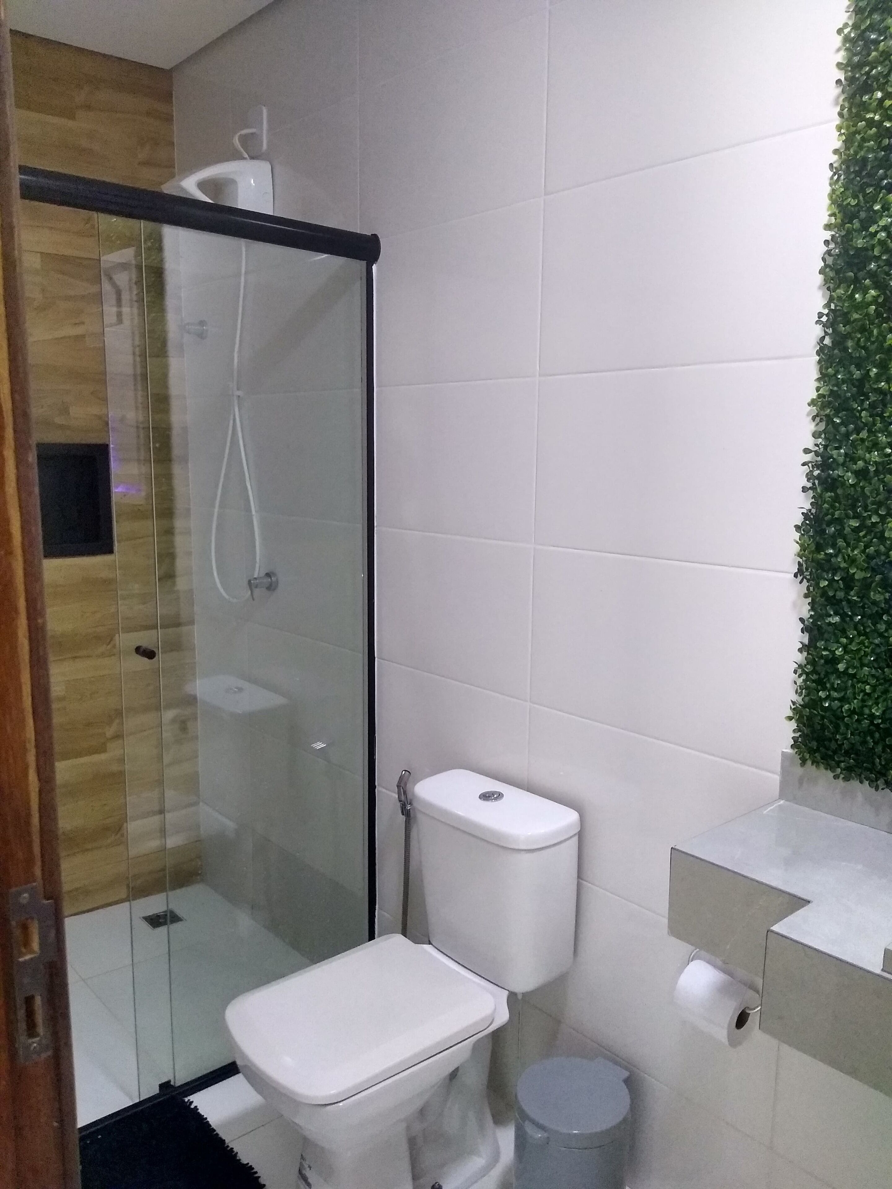 A modern bathroom with a glass shower enclosure, a toilet, and a small trash bin.