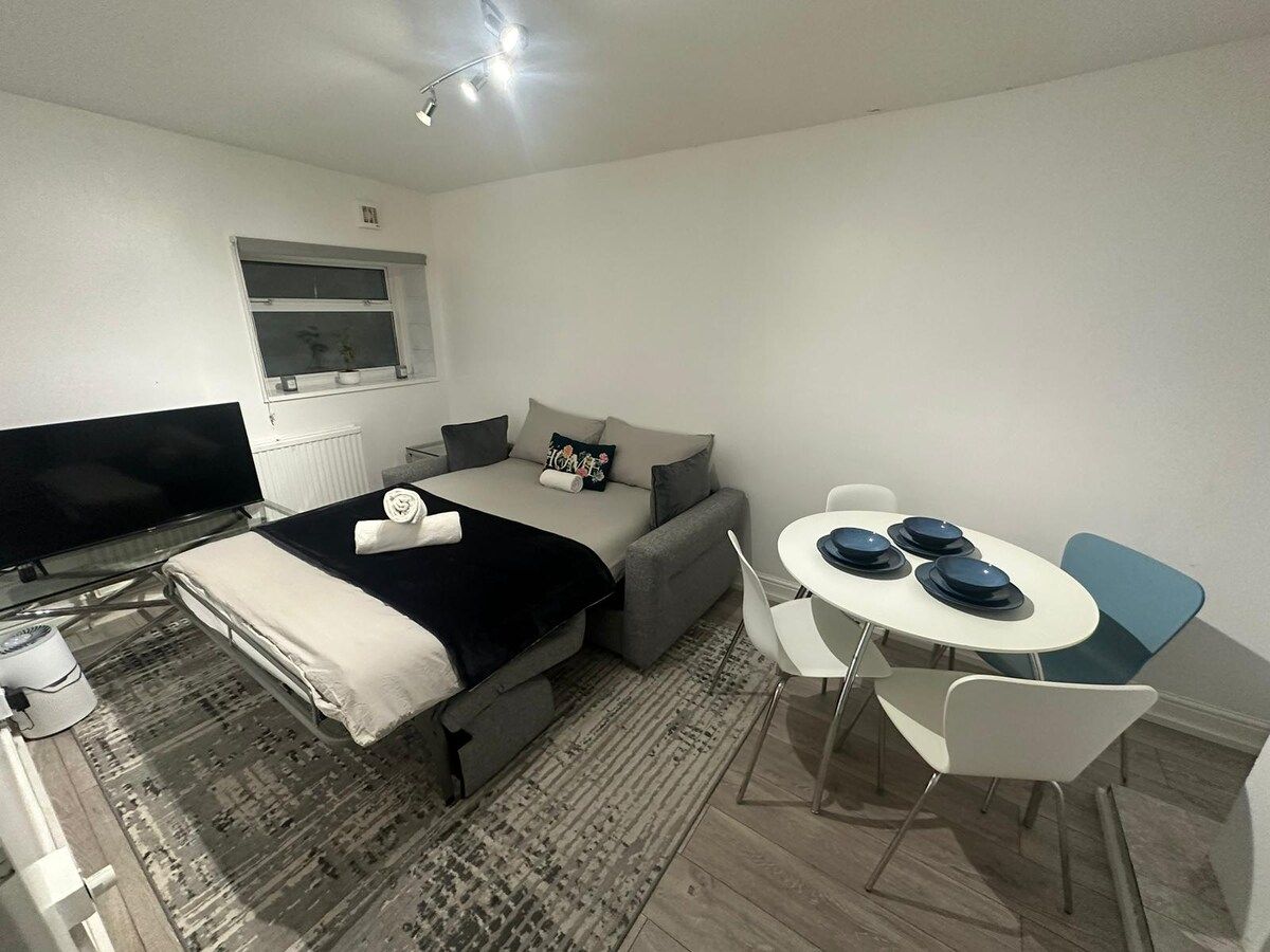 A compact room with a bed, a sofa, a dining table with chairs, a television, and a window.
