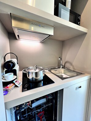 Una kitchenette compacta con cafetera, una olla sobre una placa de inducción, un lavamanos y un lavavajillas.