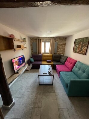 Télévision, cheminée, livres