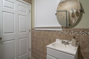 Hair dryer, towels, soap, toilet paper