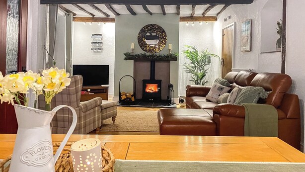 Una sala de estar acogedora con chimenea, sofá de cuero y televisor.