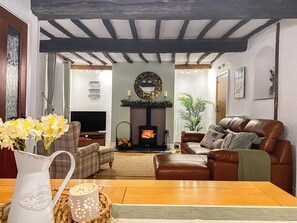 A cozy living room with a fireplace, leather sofa, and a TV. - 3 bedroom accommodation in Cockermouth (Cockermouth)