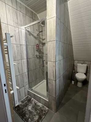 Shower, towels, toilet paper