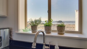 Eine Küche mit Fensterblick auf einen Strand, einem Edelstahl-Spülbecken und dekorativen Töpfen mit Pflanzen.