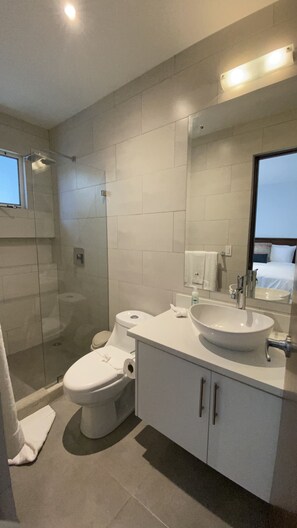 Dusche, Haartrockner, Handtücher, Toilettenpapier