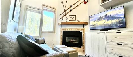 Smart TV, fireplace, video games, foosball