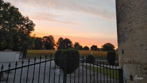 Une vue sur le coucher de soleil, prise depuis un bâtiment avec un chemin de gravier et une clôture en métal.