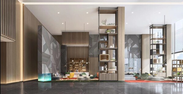 Un interior moderno con una zona de bar, asientos y estanterías empotradas.