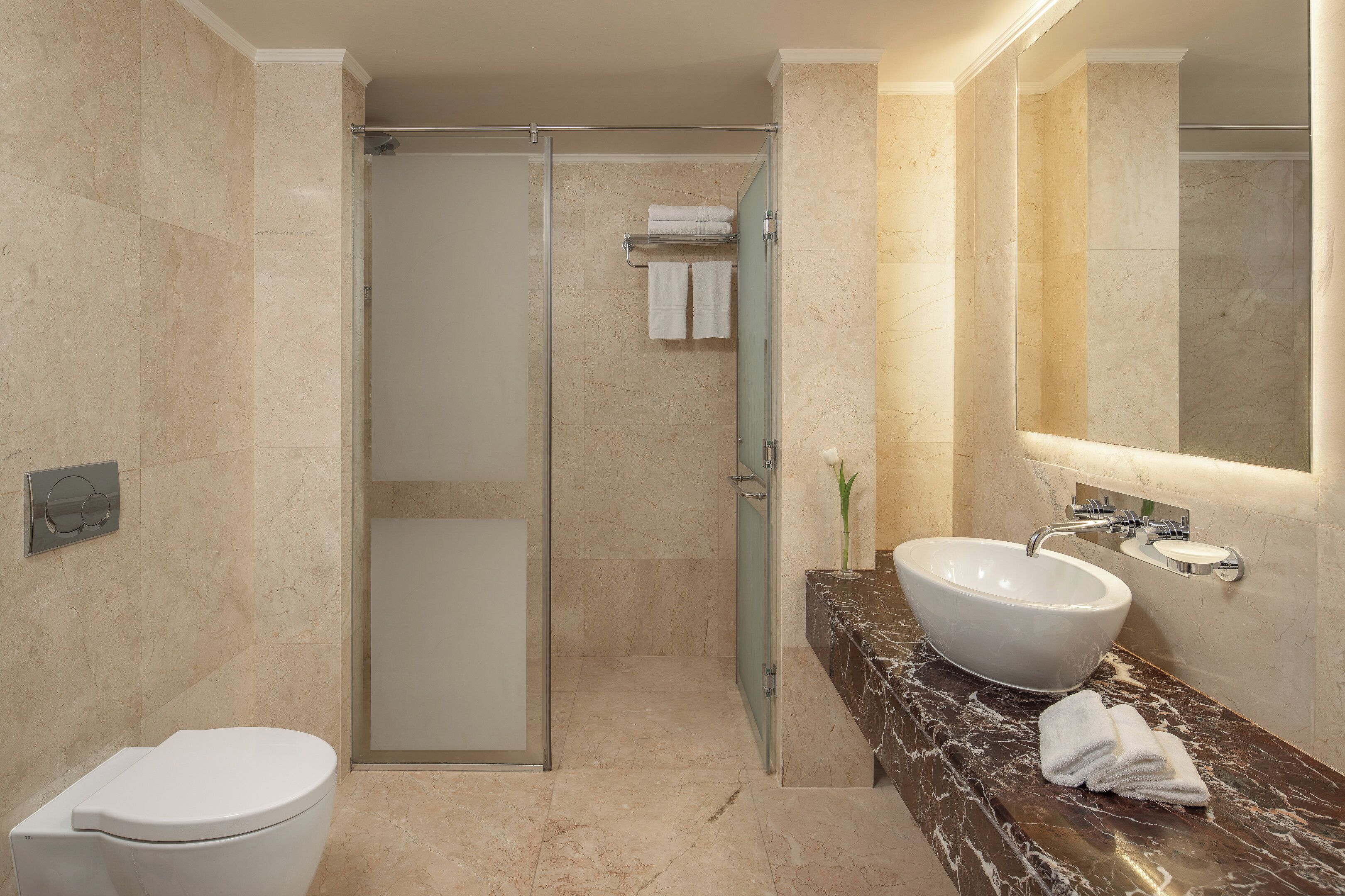 A bathroom with a toilet, a glass-enclosed shower, a sink with a marble countertop, and a mirror.