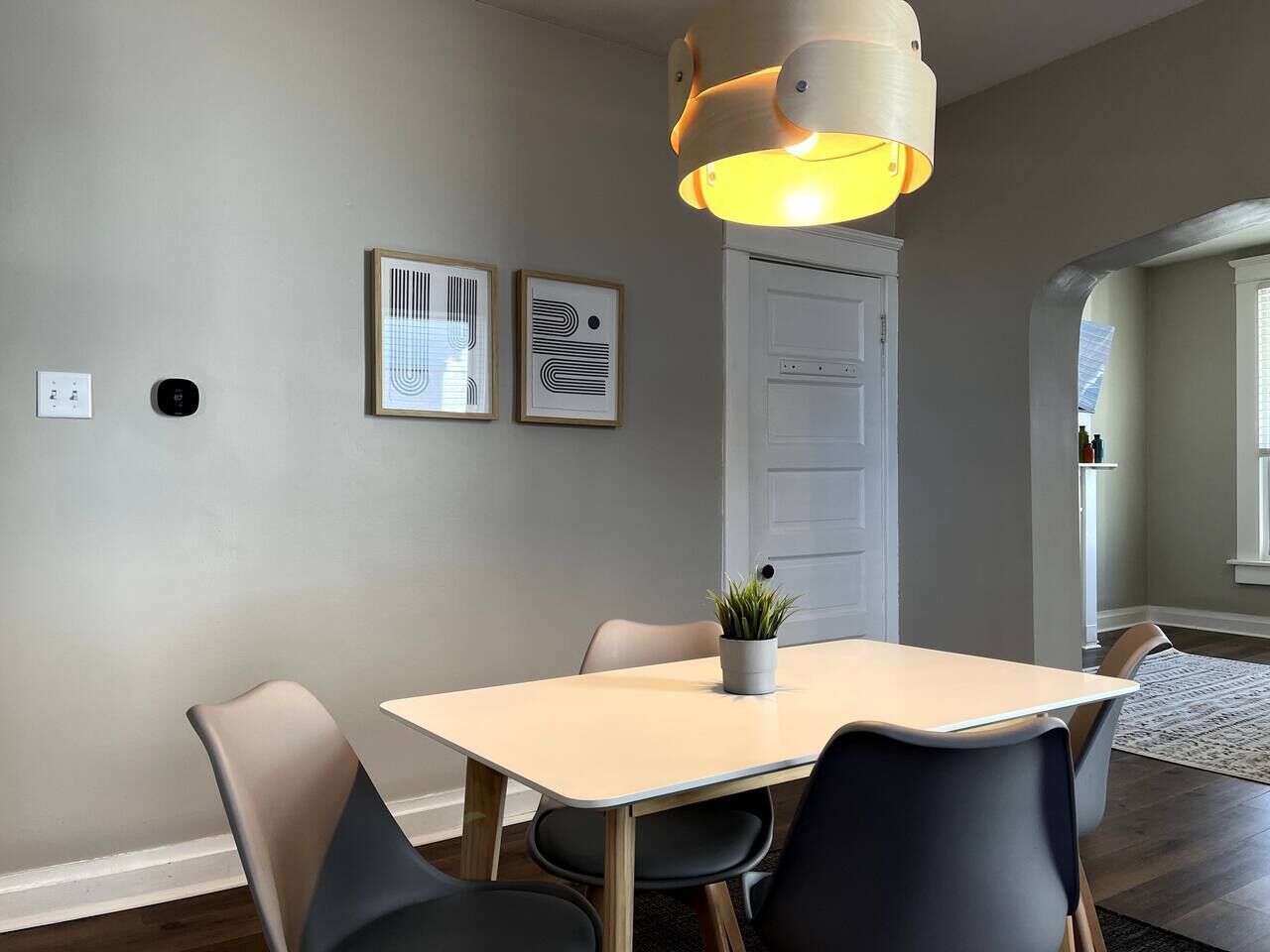 A dining area with a table, chairs, a potted plant, and a pendant light.