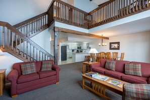 Smart TV, fireplace, books, video library