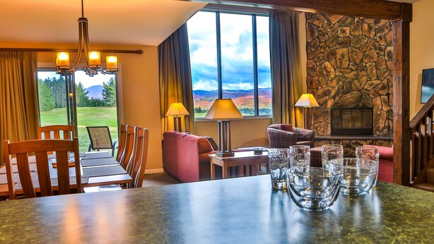 A room with a dining table, chairs, a fireplace, and a view of the outdoors.