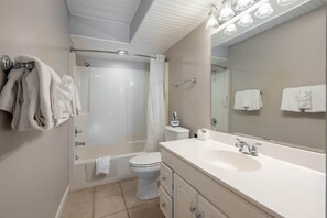 Hair dryer, towels, soap, toilet paper