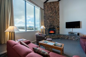 Una Smart TV, una chimenea, libros, una videoteca