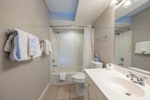 Hair dryer, towels, soap, toilet paper