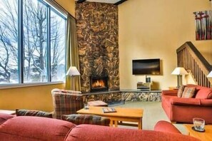 Smart TV, fireplace, DVD player, books
