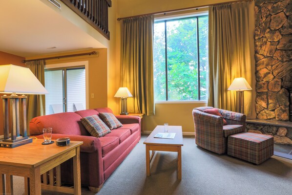 Smart TV, fireplace, DVD player, books