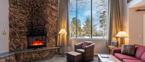 Smart TV, fireplace, DVD player, books