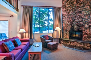 Smart TV, fireplace, DVD player, books