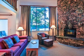 Smart TV, fireplace, DVD player, books