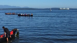 A calm body of water with a traditional boat and a cruise ship in the distance. - RV SPACE:Tired of crowded, noisy RV parks? 5 private country acres with hookups. (Seabeck)
