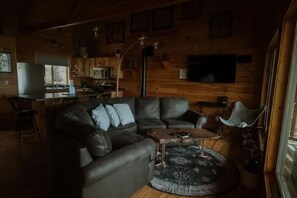 Smart TV, fireplace, books, stereo