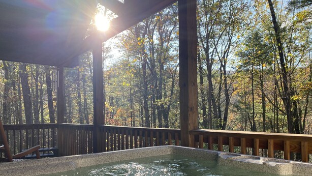 Un jacuzzi en un área boscosa con una terraza de madera y vistas a árboles.