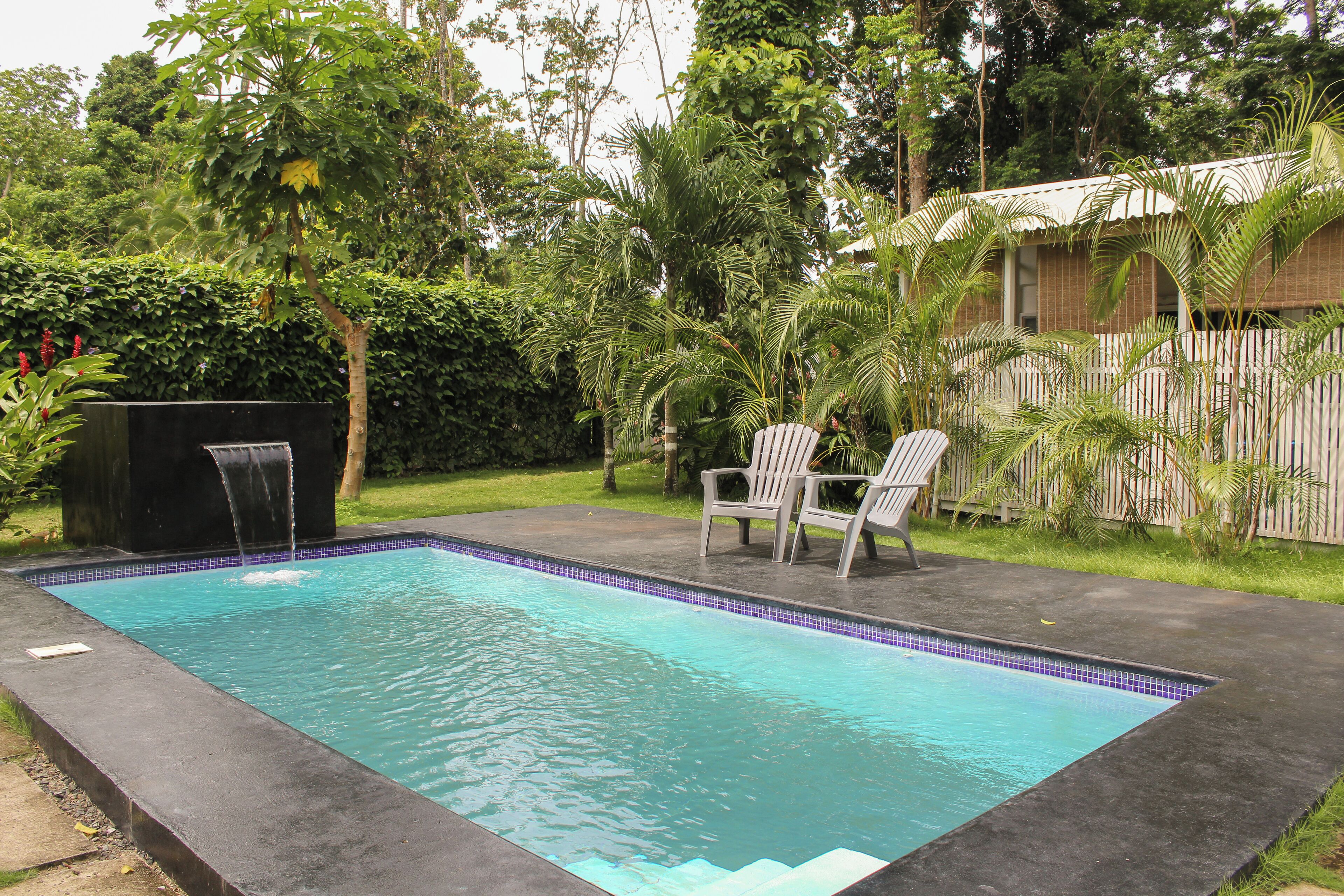 A rectangular swimming pool with a waterfall feature, surrounded by lush greenery and two white lounge chairs.