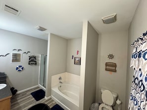 Hair dryer, towels, soap, shampoo