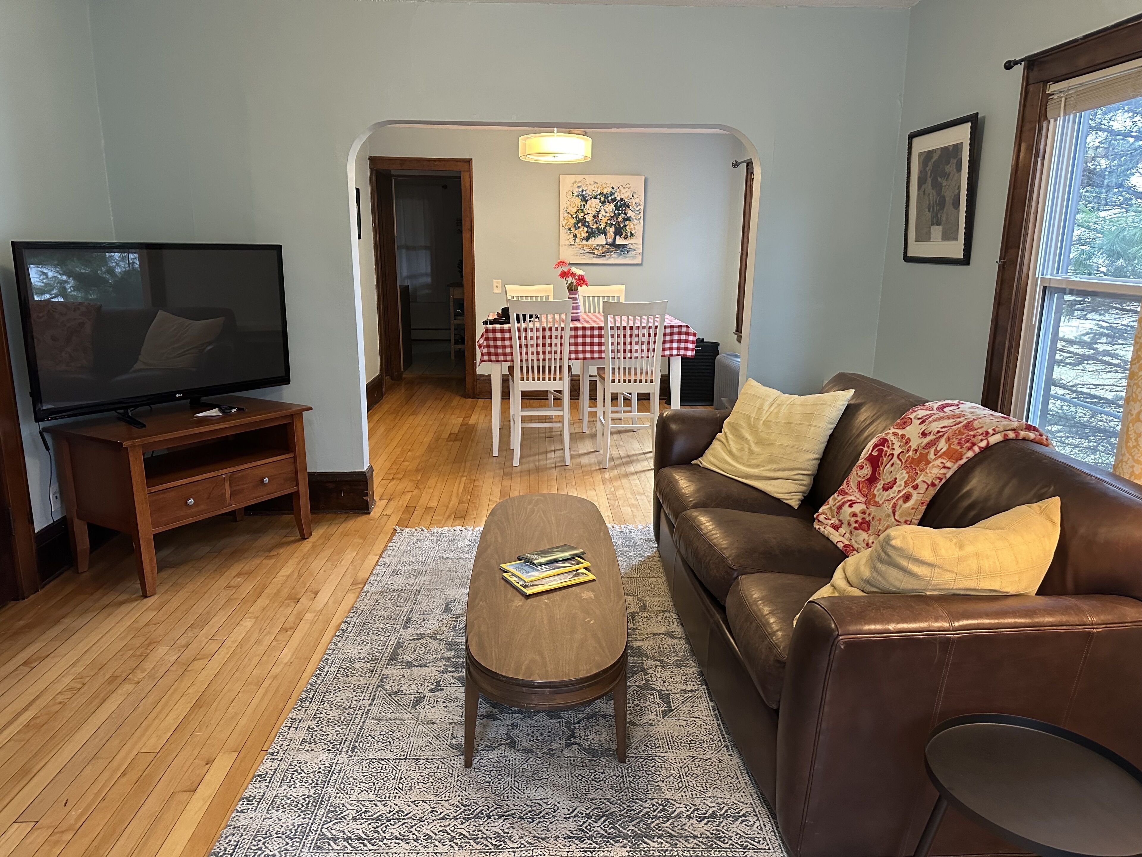A living room with a television, a brown leather sofa, a wooden coffee table, and a dining area with a red and white checkered tablecloth.