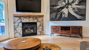 TV, fireplace, DVD player, foosball