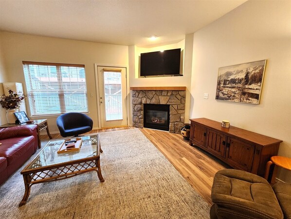 Televisión, chimenea y reproductor de DVD