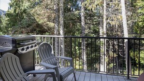 En uteplats med en grill och två Adirondack-stolar, med utsikt över ett skogsområde.