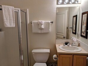 Shower, hair dryer, towels