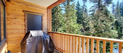 A wooden balcony with a grill, overlooking a forested area.