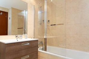 Hair dryer, towels, soap, shampoo