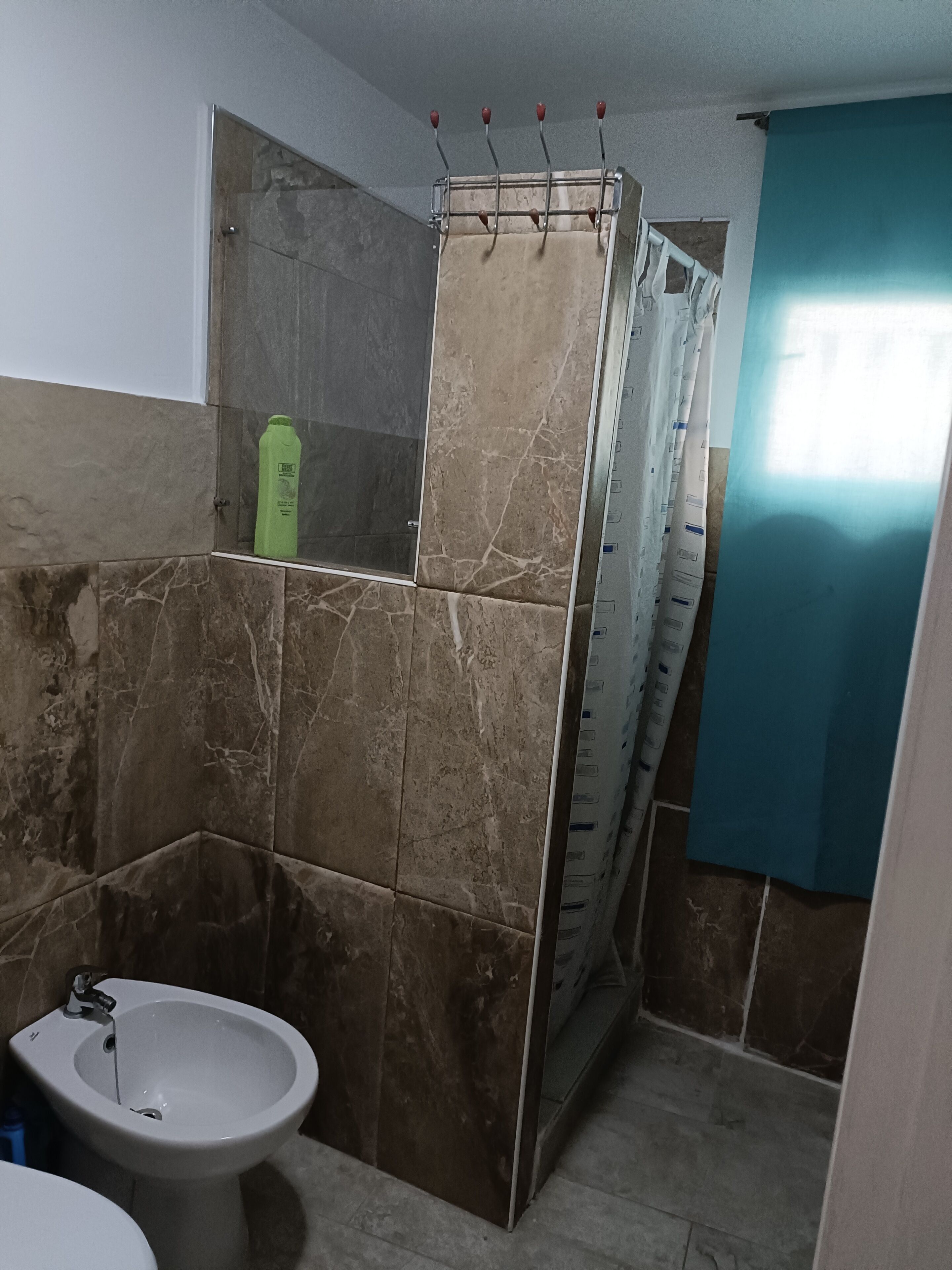 Een badkamer met een toiletbril, een spiegel en een douchehoek.