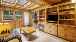 A cozy wooden interior with a fireplace, a television, and a Christmas tree.