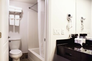 A bathroom with a toilet, shower, and a sink area with a hairdryer and coffee maker.