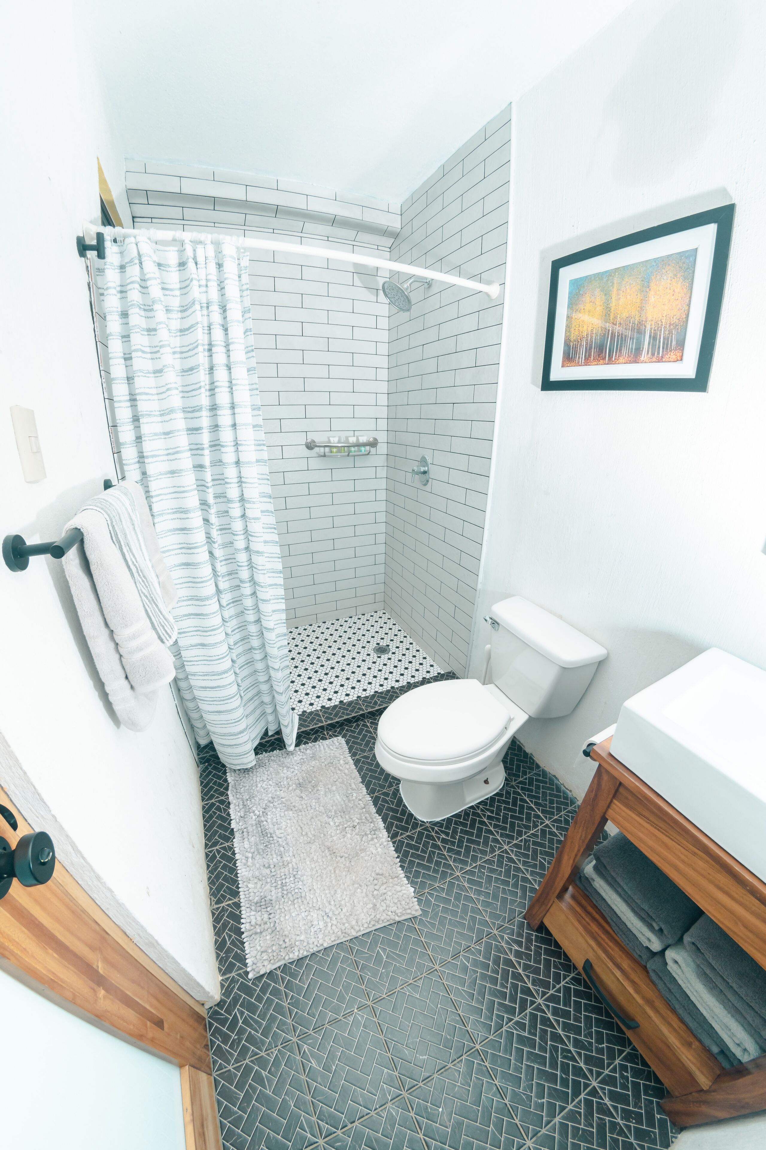 Shower, towels, soap, shampoo