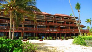 Un hôtel à plusieurs étages doté de balcons, entouré de palmiers et bordé par une plage.