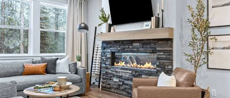 Smart TV, fireplace, books, offices