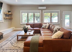 Smart TV, fireplace, books