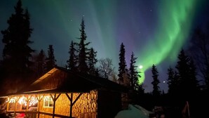 A wooden cabin with a stone wall, surrounded by snow and trees, under a night sky with the Northern Lights. - Bear Cabin-Gunning Cabin Rentals (Soldotna)